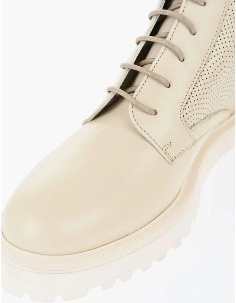 Leather Lace-Up Boots with Rugged Rubber Sole Women - Beige