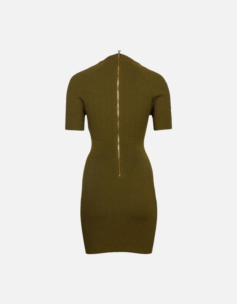 Ribbed Viscose Blend Short Dress with Gold Buttons Women - Green