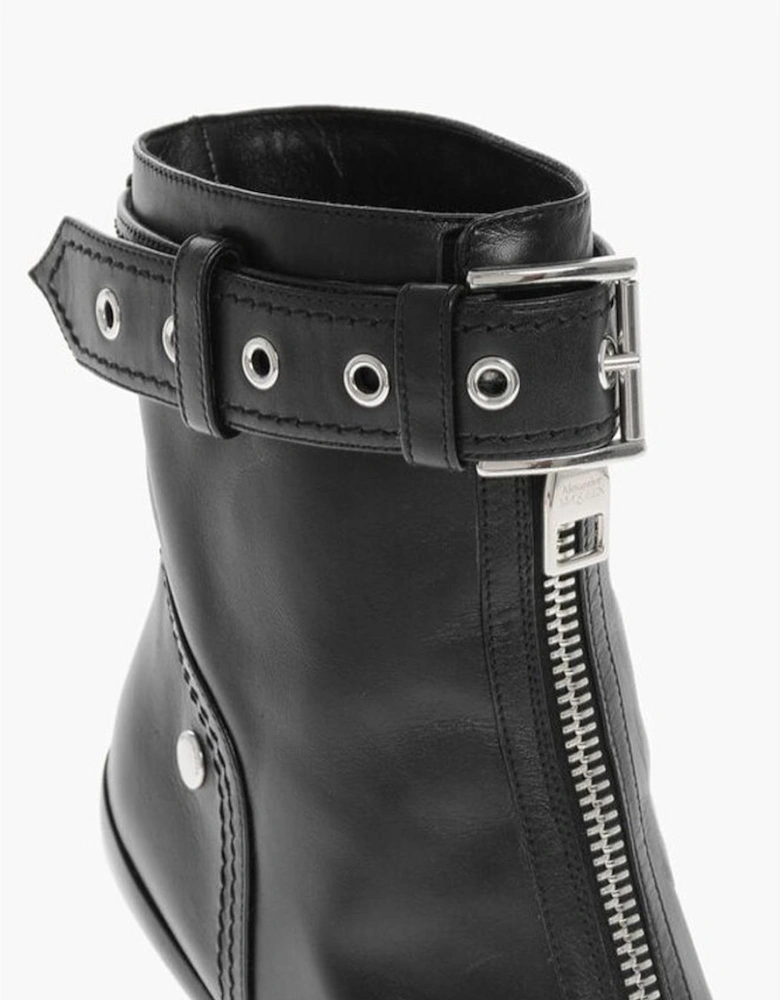 Leather Stiletto Heels with Buckle Ankle Strap Women - Black Boots