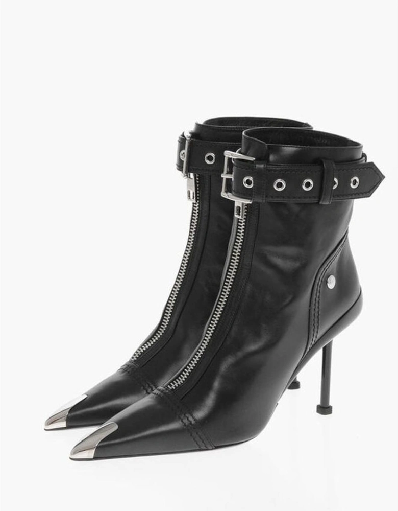 Leather Stiletto Heels with Buckle Ankle Strap Women - Black Boots