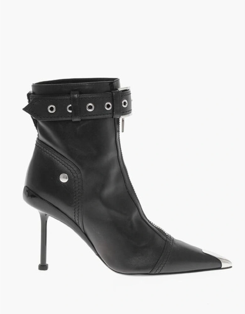 Leather Stiletto Heels with Buckle Ankle Strap Women - Black Boots