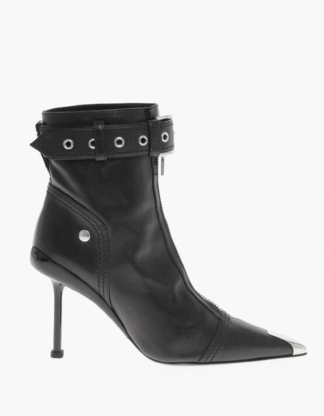 Leather Stiletto Heels with Buckle Ankle Strap Women - Black Boots