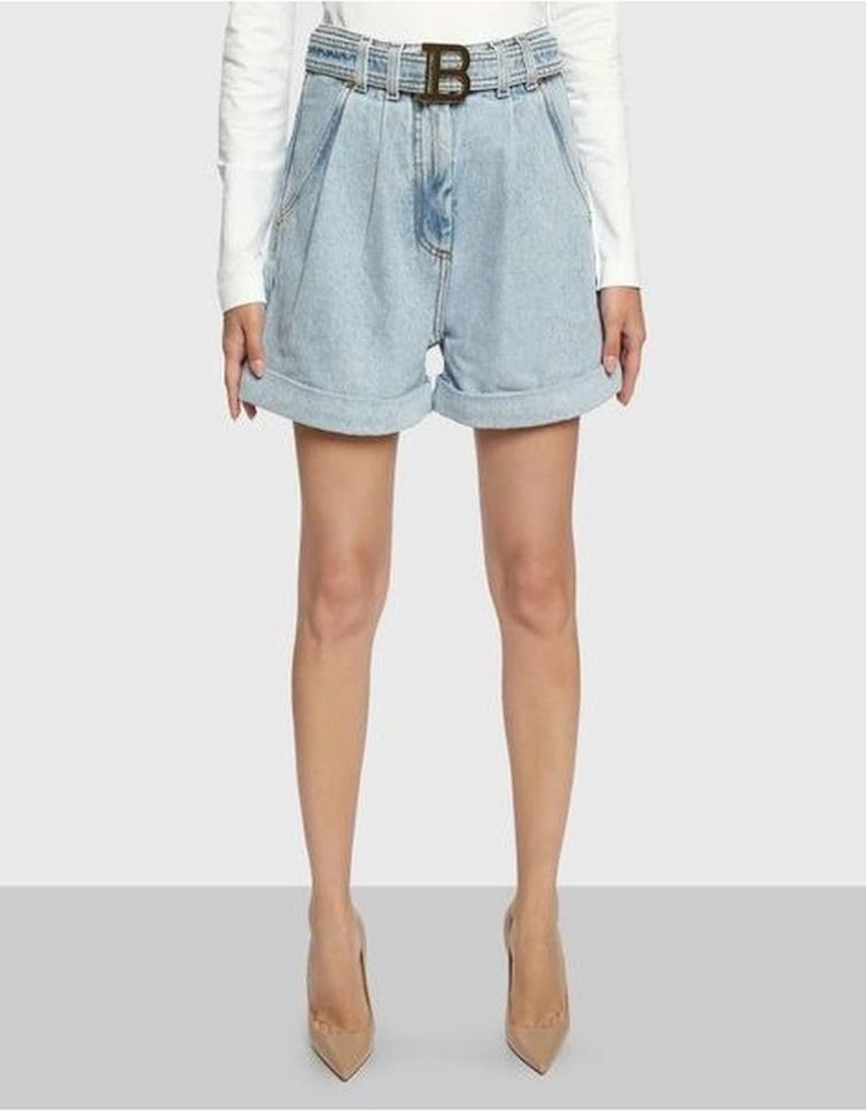 Denim Shorts with Buckle and 4-Pocket Design Women - Blue