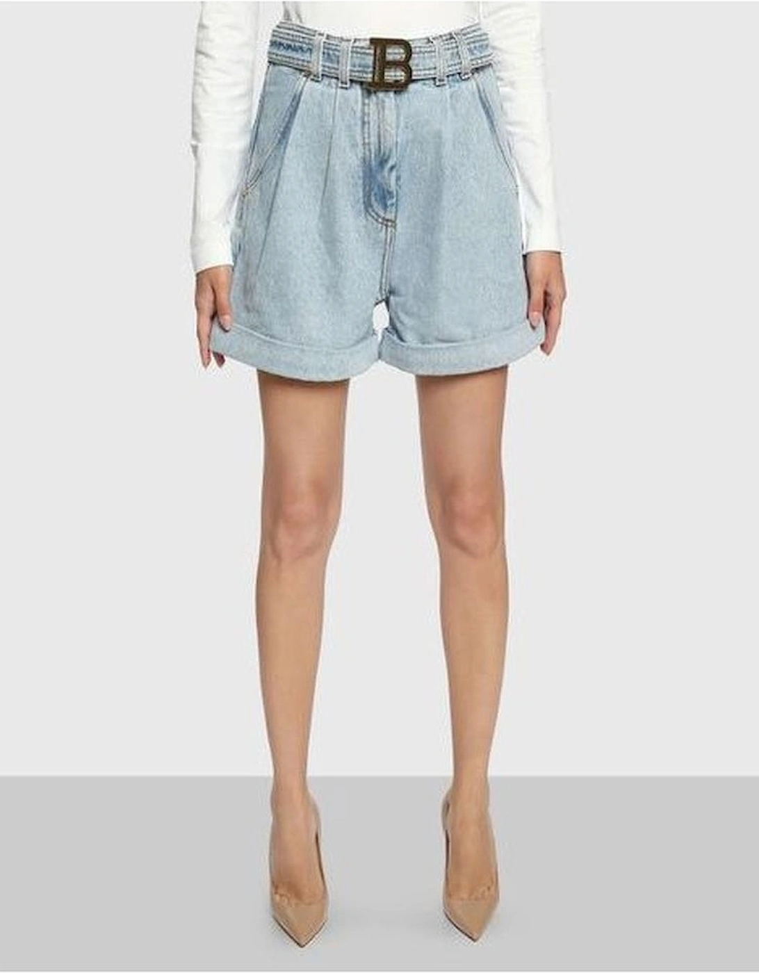 Denim Shorts with Buckle and 4-Pocket Design Women - Blue