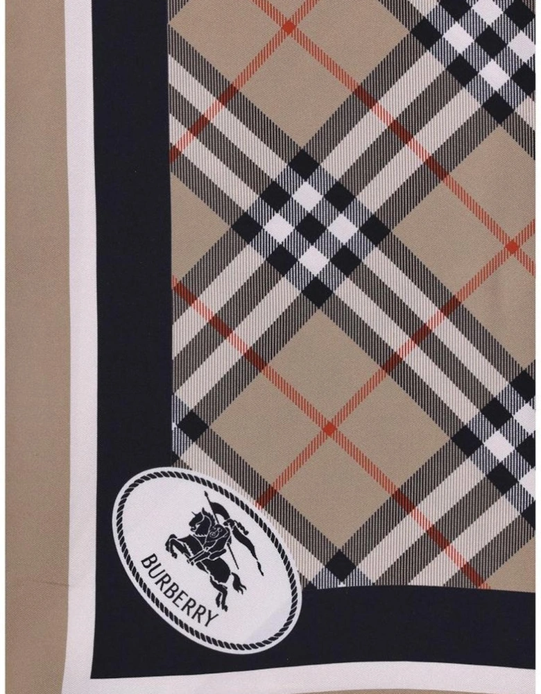 Silk Check Scarf with Knight Stamp Pattern Women - Beige Scarves