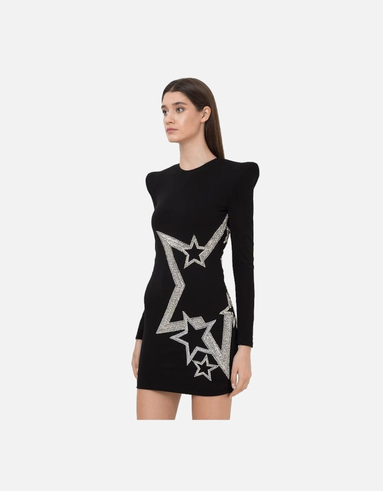 Short Viscose Dress with Star Rhinestones Women - Black Dresses