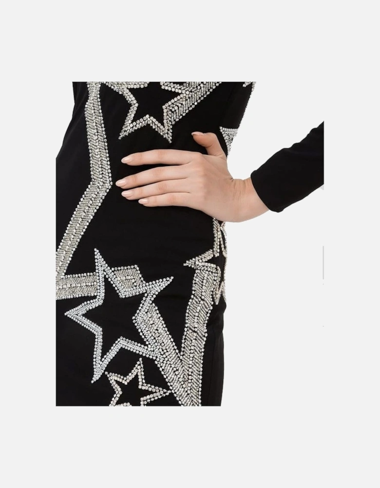 Short Viscose Dress with Star Rhinestones Women - Black Dresses