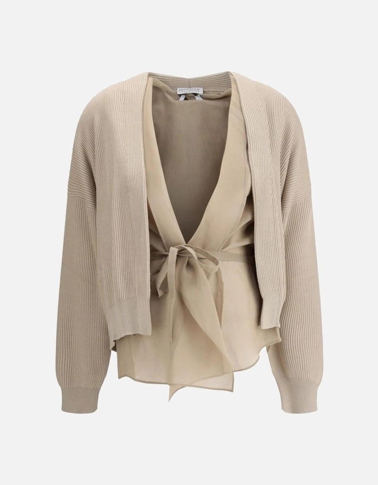 Layered Ribbed Cardigan with Front Bow Closure Women - Beige Sweaters