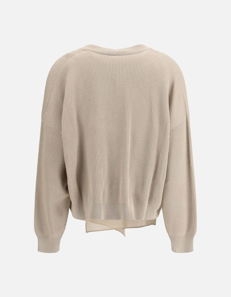 Layered Ribbed Cardigan with Front Bow Closure Women - Beige Sweaters