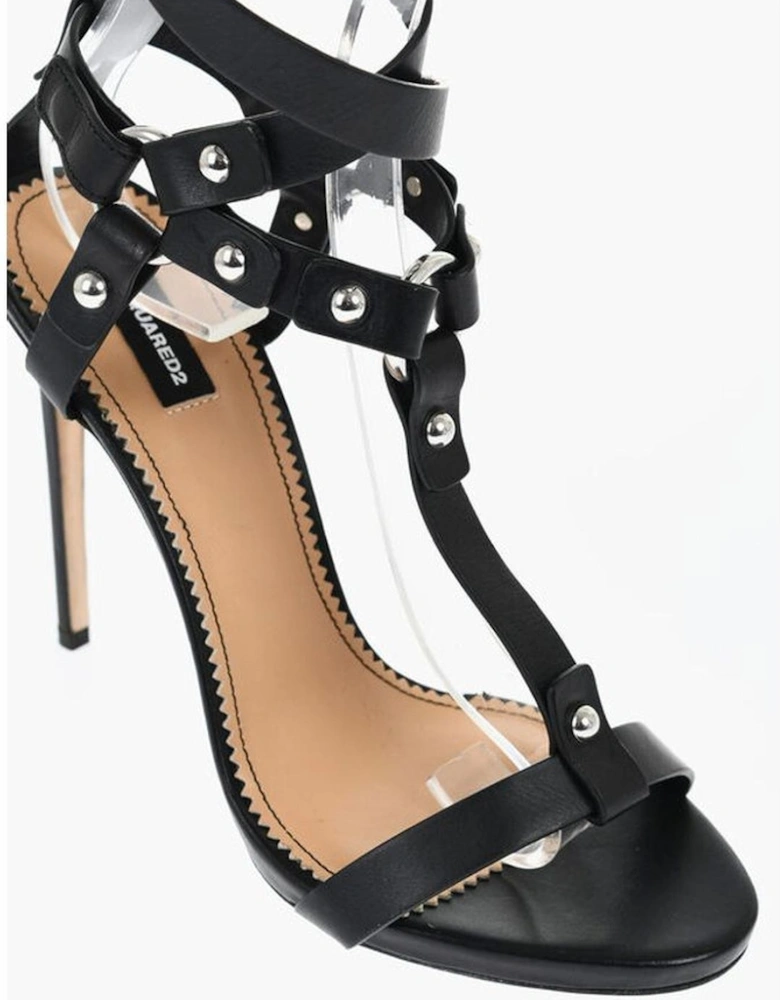 Leather Stiletto Heels with Buckle and Studs Women - Black Sandals