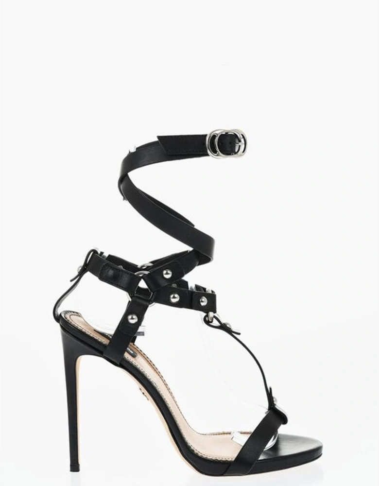 Leather Stiletto Heels with Buckle and Studs Women - Black Sandals
