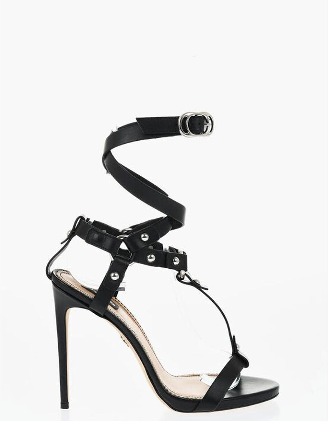 Leather Stiletto Heels with Buckle and Studs Women - Black Sandals