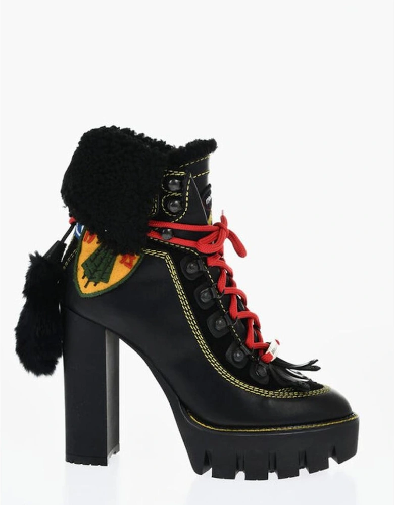 Lace-up Embroidered Leather Lace-up Heels Women - Black Boots