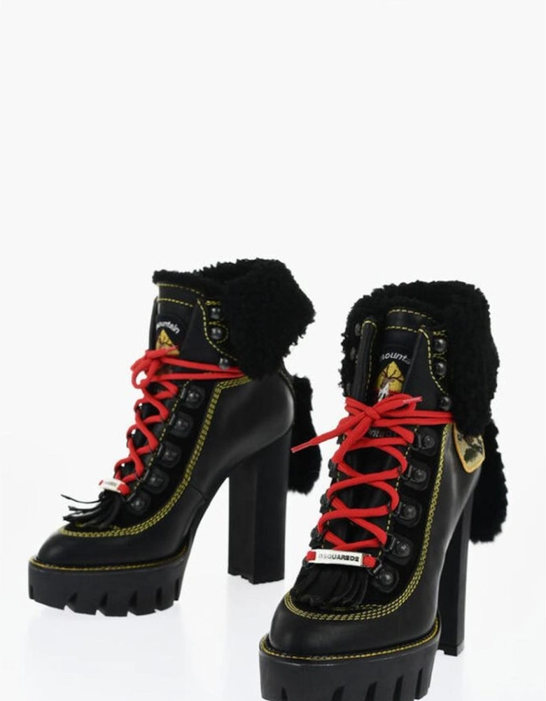 Lace-up Embroidered Leather Lace-up Heels Women - Black Boots