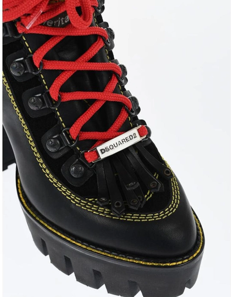 Lace-up Embroidered Leather Lace-up Heels Women - Black Boots