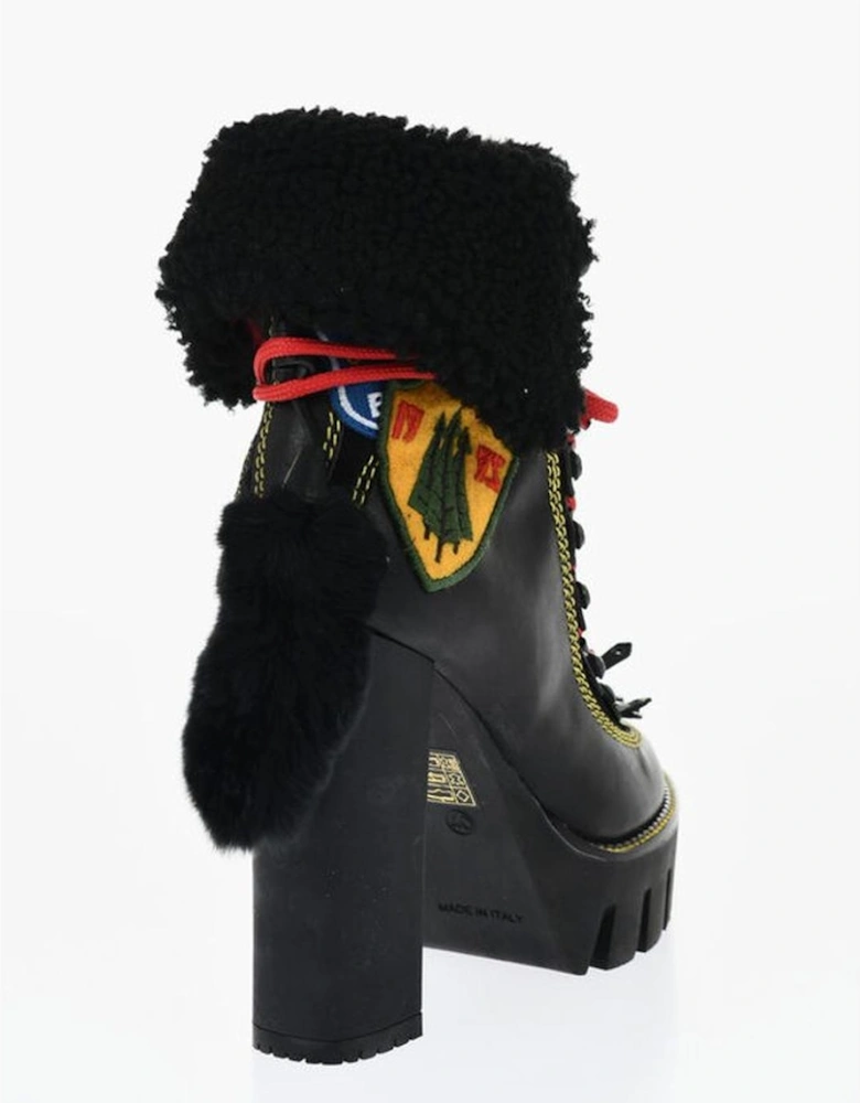 Lace-up Embroidered Leather Lace-up Heels Women - Black Boots