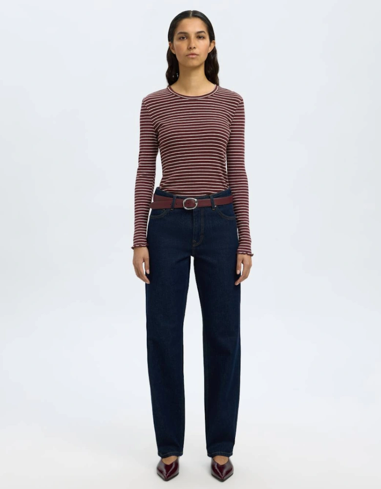 Femme Anna Long Sleeve Crew Neck Tee Fig with Snow White Stripes