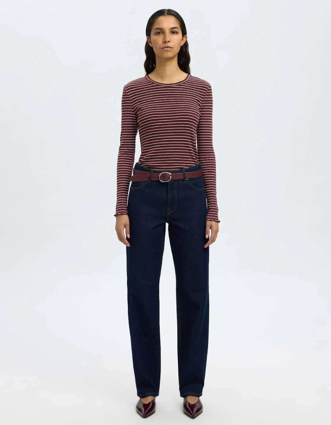 Femme Anna Long Sleeve Crew Neck Tee Fig with Snow White Stripes