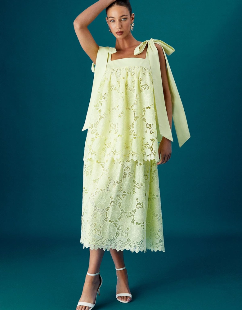 Muse Lace Tie Shoulder Tiered Midi Wedding Guest Dress
