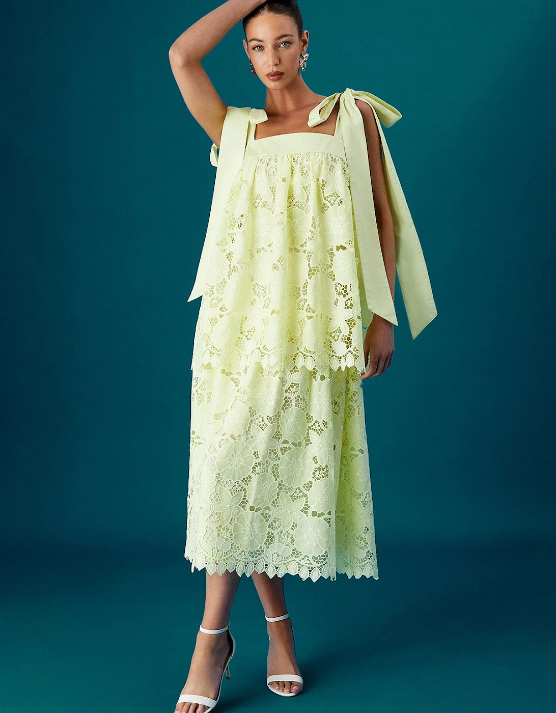 Muse Lace Tie Shoulder Tiered Midi Wedding Guest Dress, 2 of 1