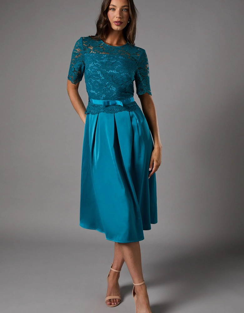 Lace And Crepe Full Skirted Midi Dress