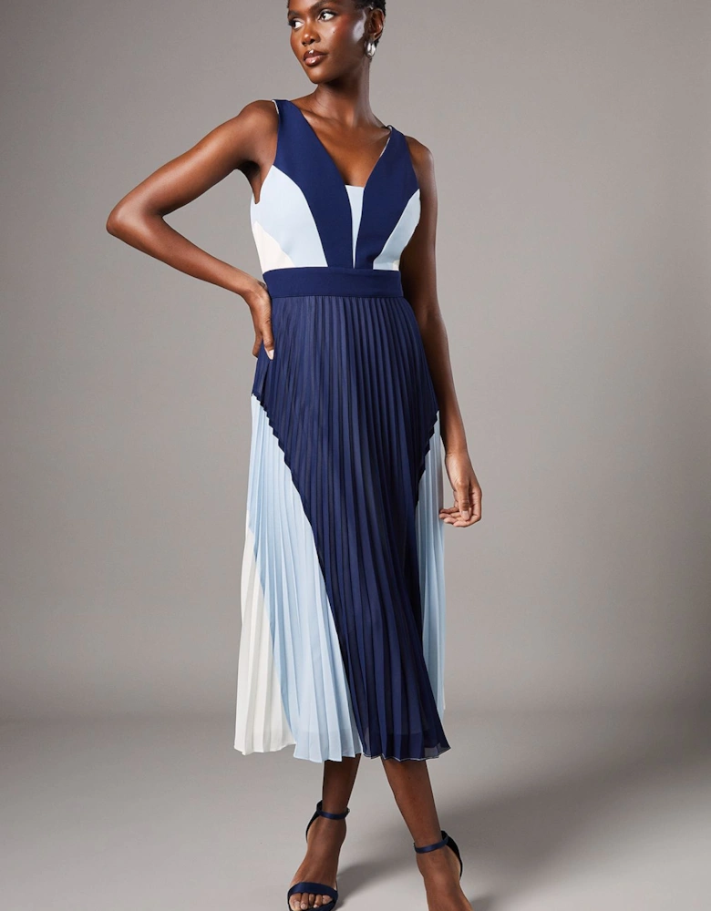 V Neck Pleated Chiffon Panelled Midi Dress
