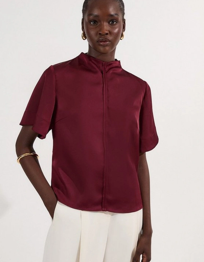 Top Stitch Satin Woven Short Sleeve Top
