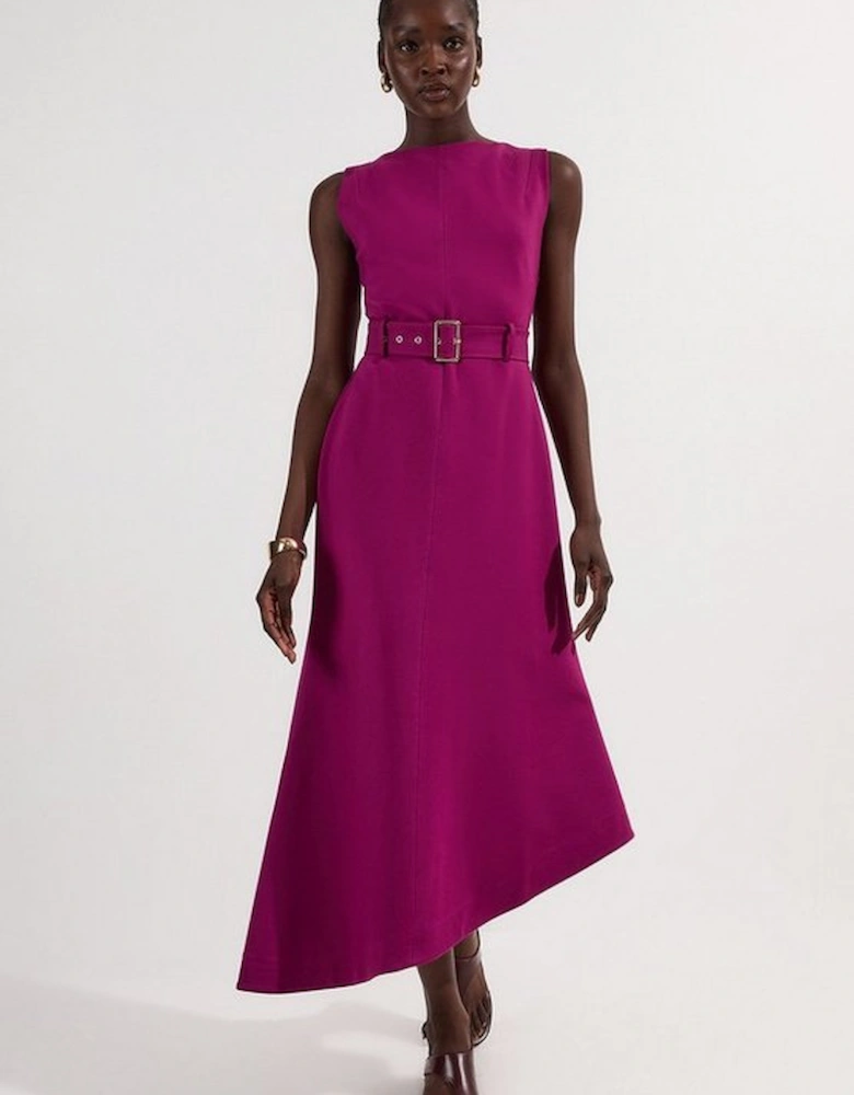 Asymmetric Hem Belted Ponte Dress