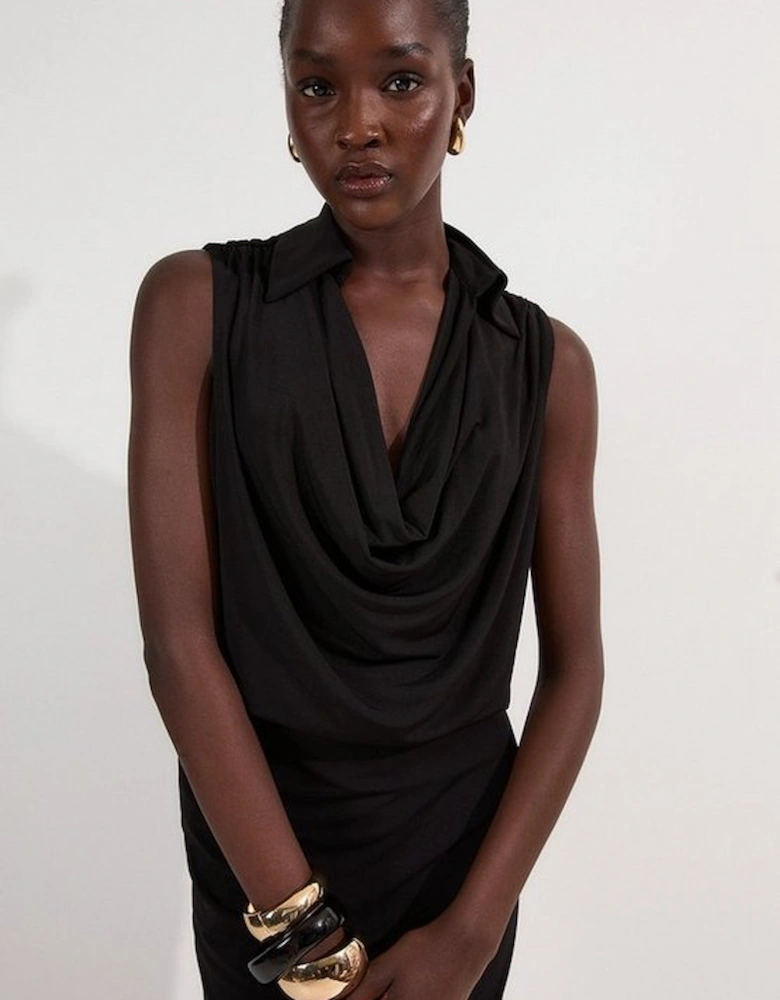 Drape Collared Crepe Maxi Dress