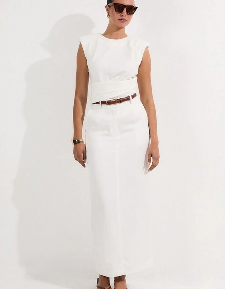 Ponte Ruched Waist Detail Round Neck Top