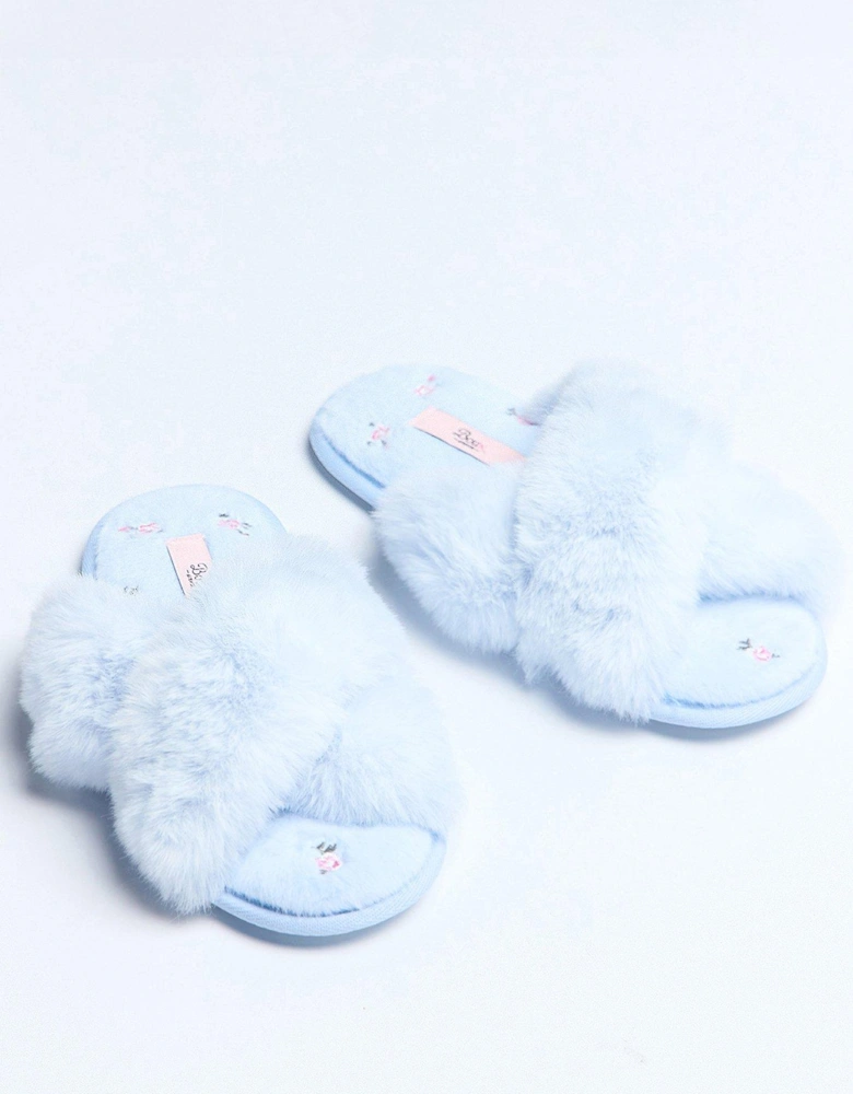 Floral Embroidered Crossband Slippers - Powder - Blue