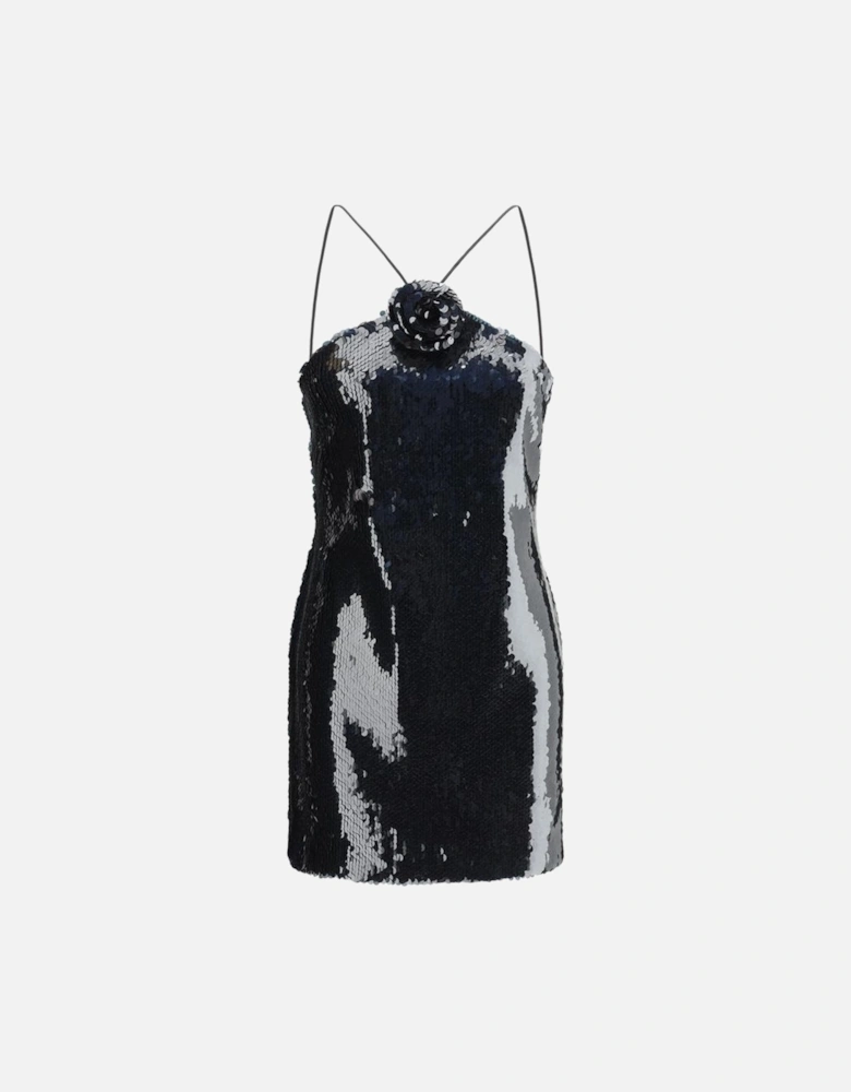 Sequin Mini Dress with 3D Rose and Lace Closure Women - Black Dresses
