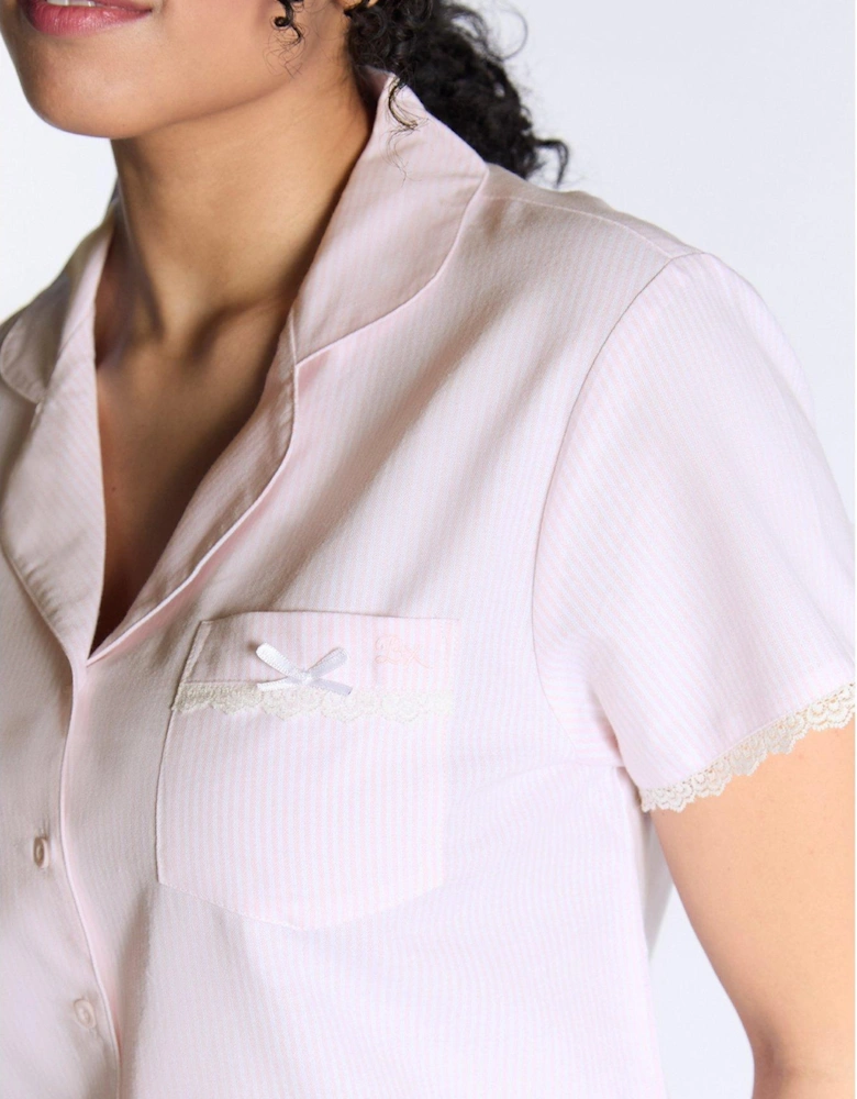 Lace Trim Stripe Short Sleeve & Short Pyjama Set - Pink