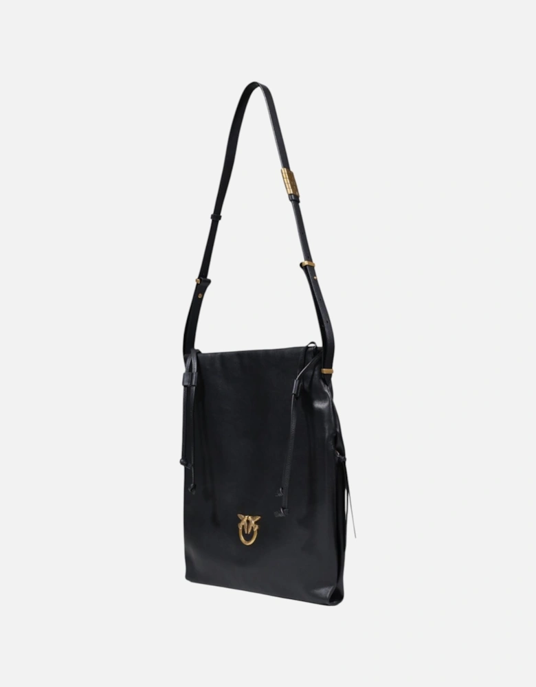 Leather and Cotton Shoulder Bag with Inside Pockets Women - Black