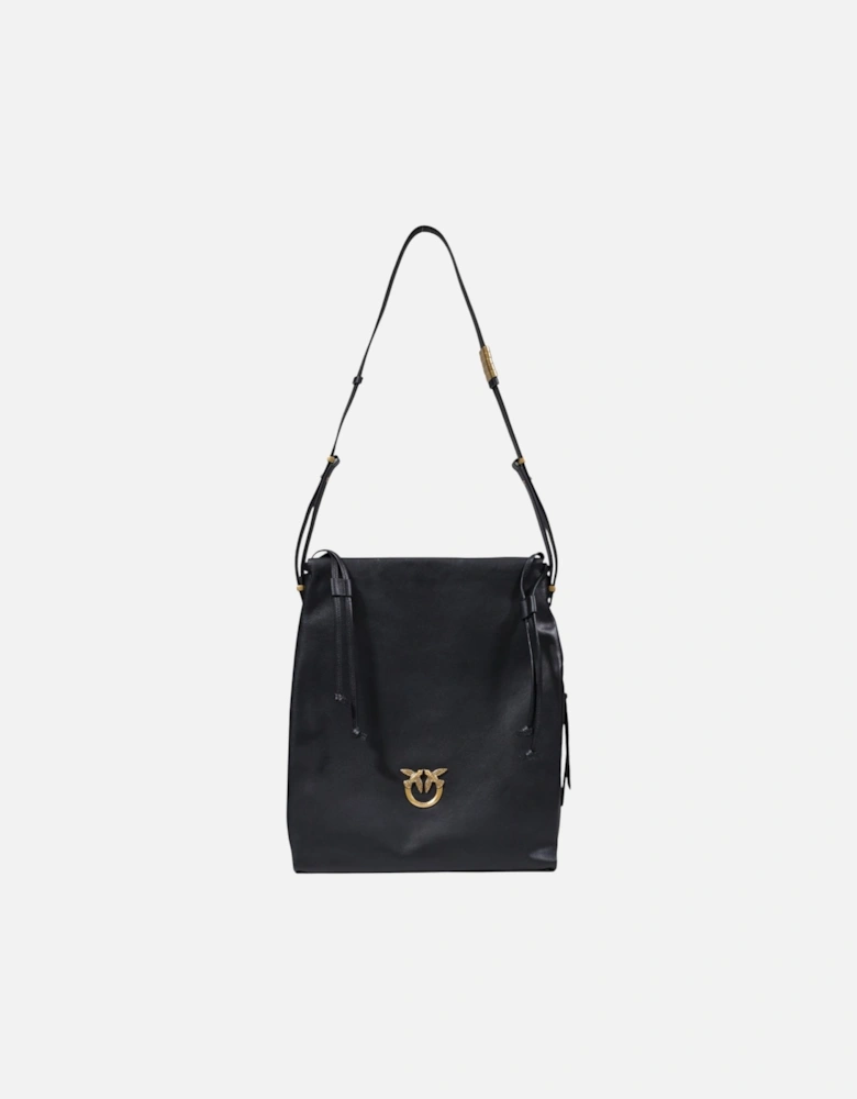 Leather and Cotton Shoulder Bag with Inside Pockets Women - Black