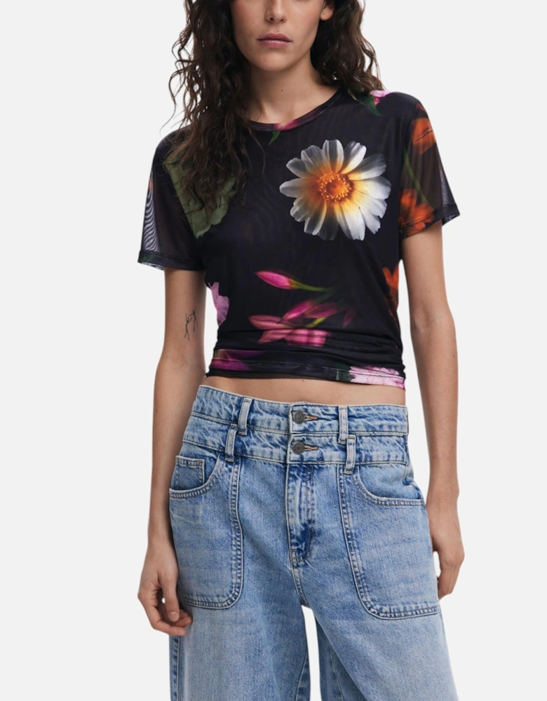 Floral Mesh Short Sleeve Top Women - Black Shirts
