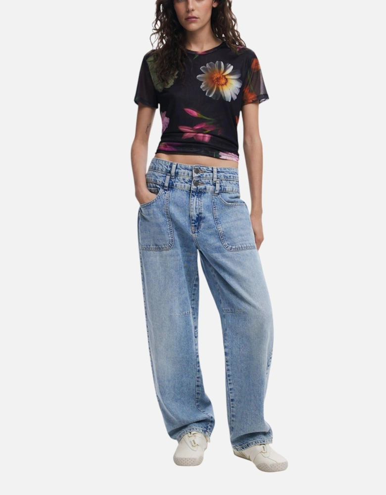 Floral Mesh Short Sleeve Top Women - Black Shirts