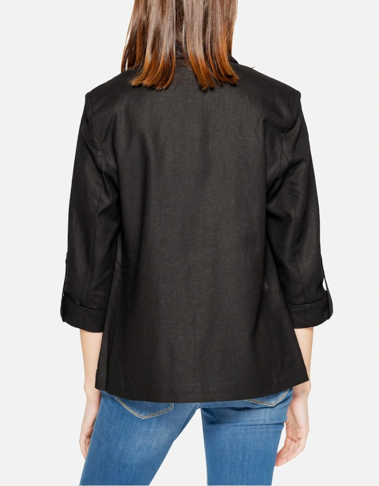 Black Linen-Blend Blazer with 3/4 Sleeves and Front Pockets Women