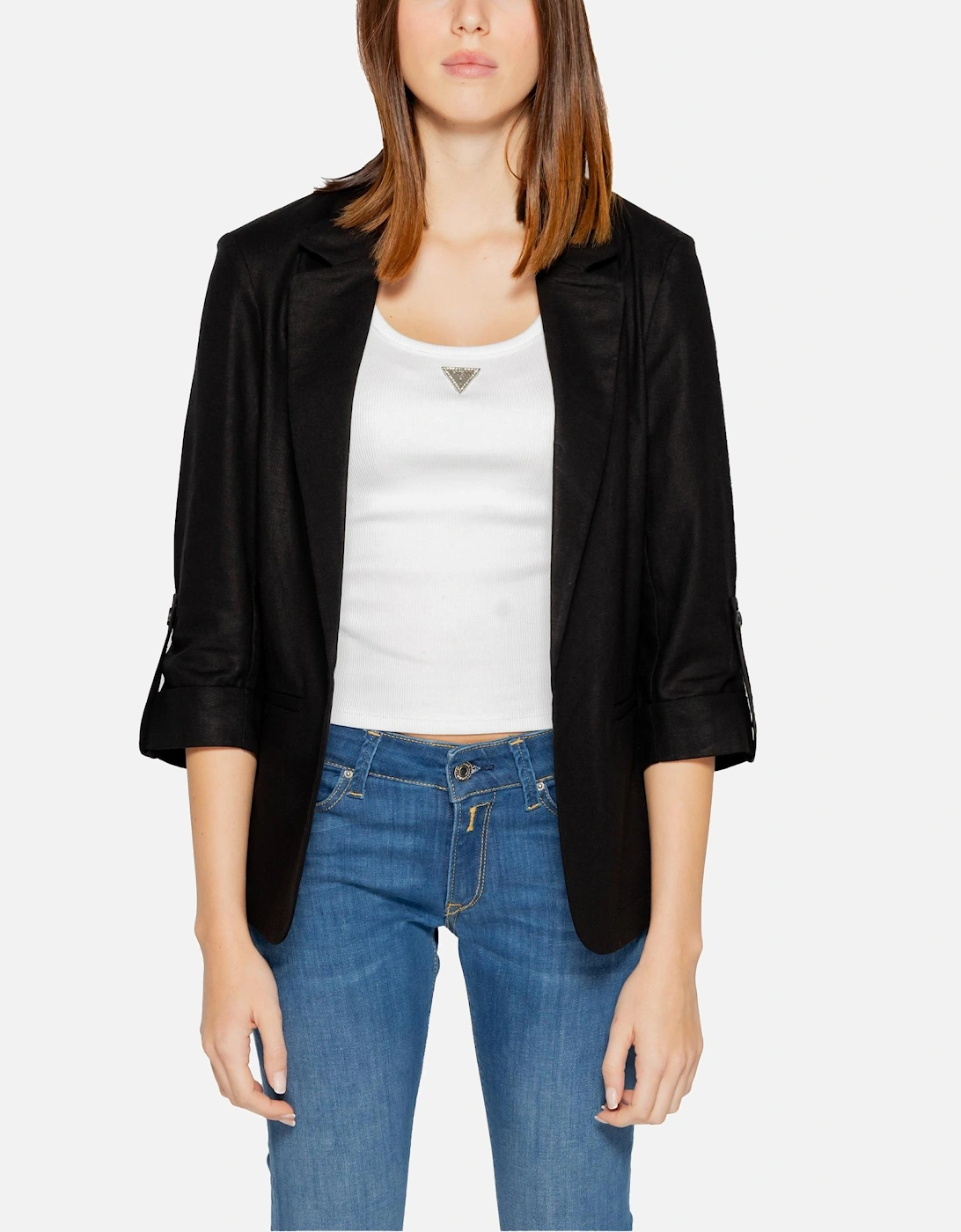 Black Linen-Blend Blazer with 3/4 Sleeves and Front Pockets Women, 4 of 3