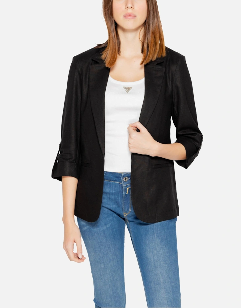 Black Linen-Blend Blazer with 3/4 Sleeves and Front Pockets Women