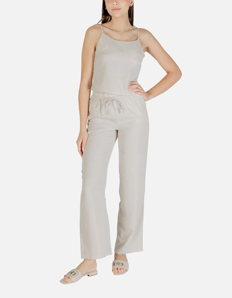 Lace-Fastened Polyester Trousers with Front Pockets Women - Beige