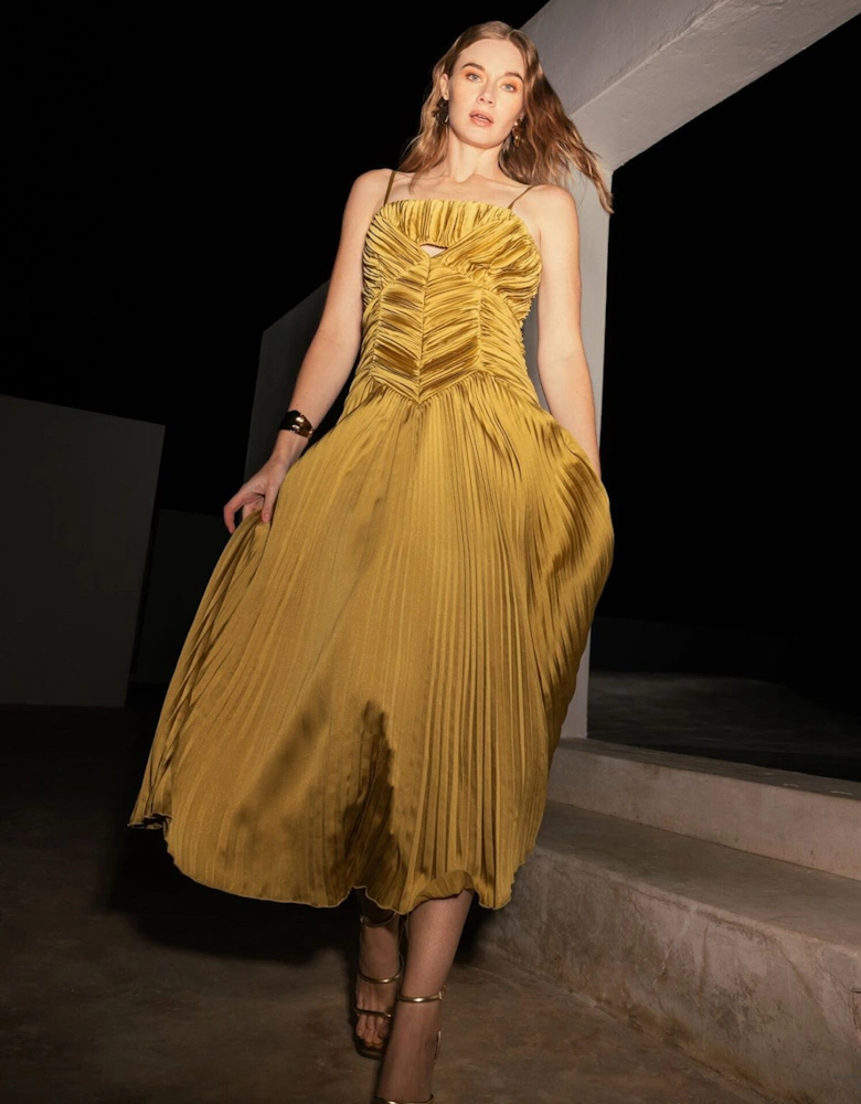 Pleated Peplum Strappy Satin Dress