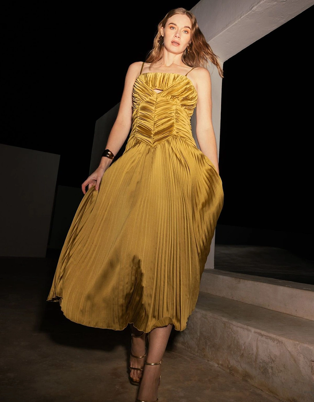 Pleated Peplum Strappy Satin Dress, 2 of 1