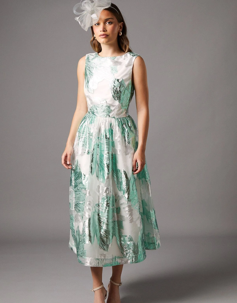 Sleeveless Jacquard Fit And Flare Midi Dress