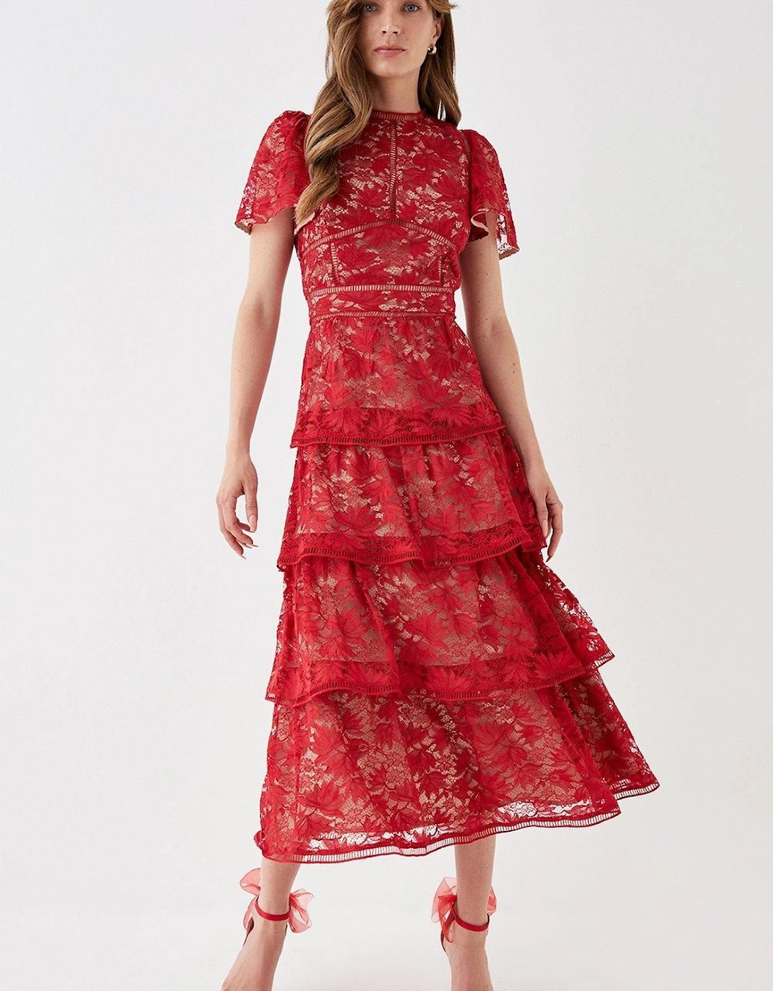 Tiered Lace Dress With Flutter Sleeve & Trims, 2 of 1