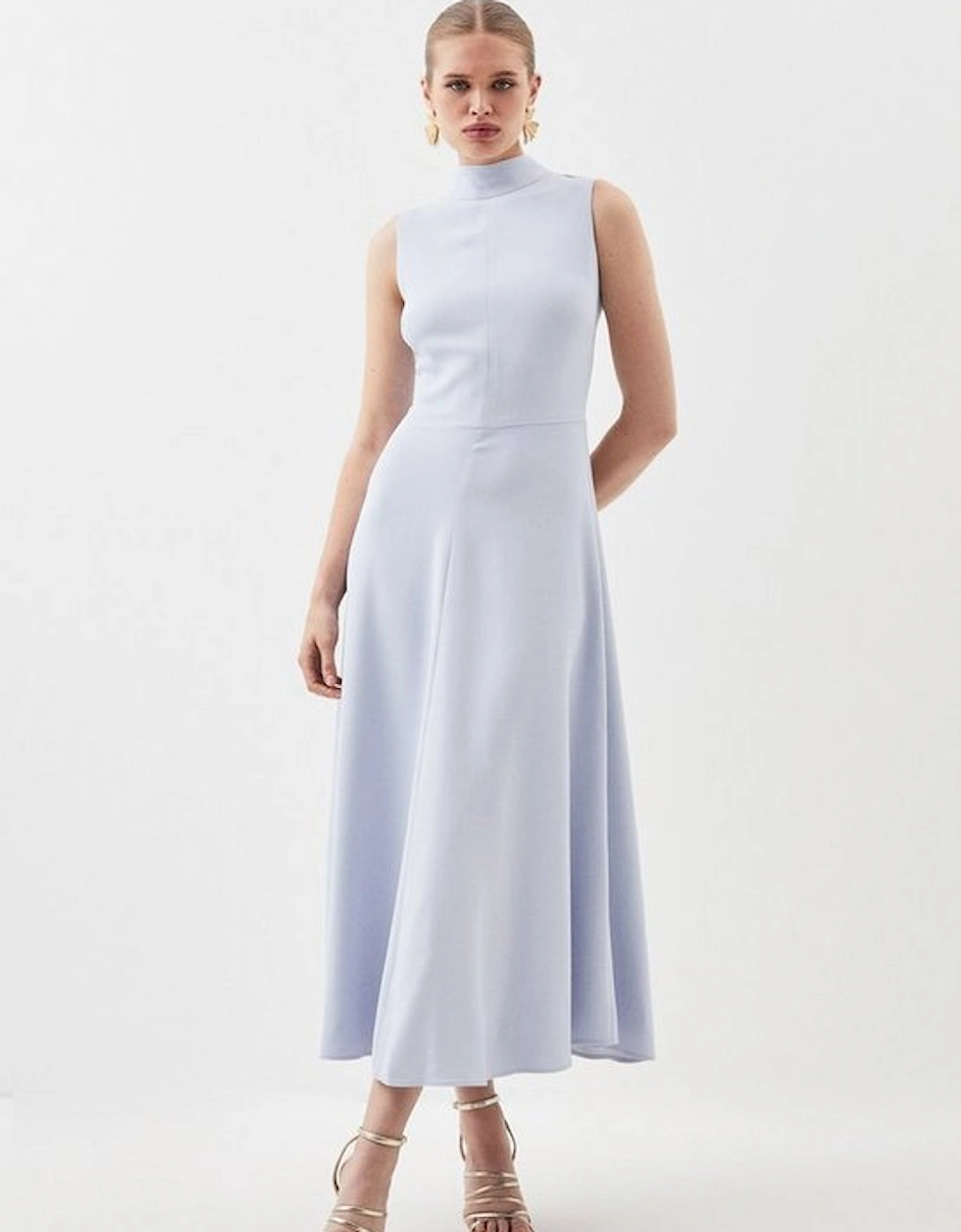 Compact Stretch Viscose Tailored High Neck Tie Detail Midi Dress, 5 of 4