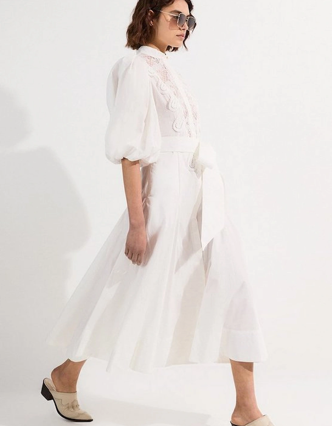 Poplin Cutwork Ruffle Trim Balloon Sleeve Woven Shirt Dress, 2 of 1