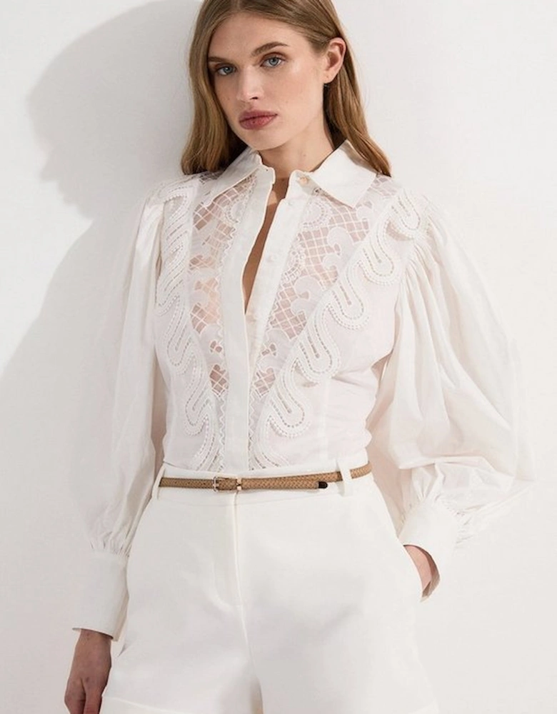 Poplin Cutwork Ruffle Trim Balloon Sleeve Woven Shirt