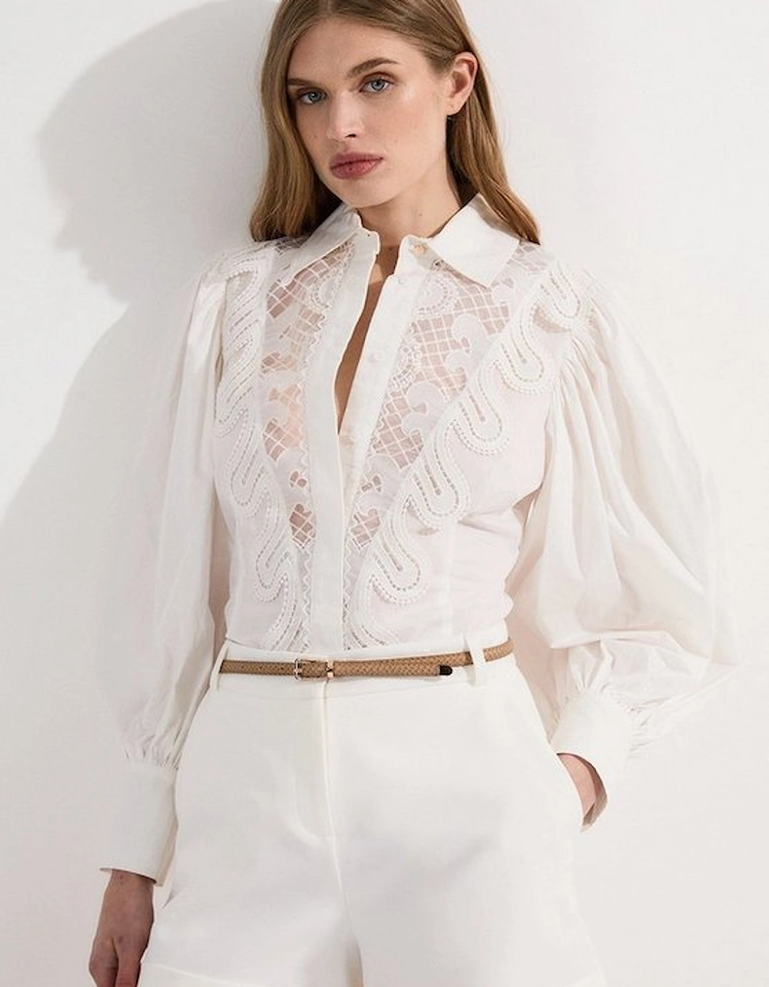 Poplin Cutwork Ruffle Trim Balloon Sleeve Woven Shirt, 2 of 1