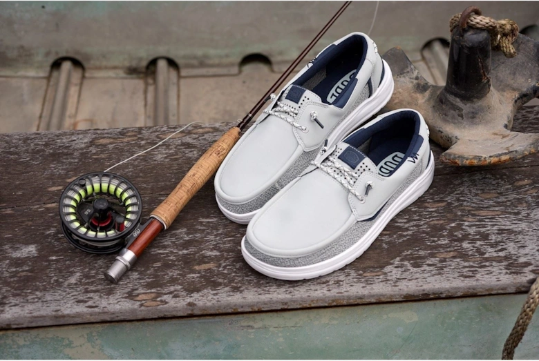 HEYDUDE Welsh Grip Classic Mesh Cotton Blend Men's Storm Gray/Navy Blazer Boat Shoes